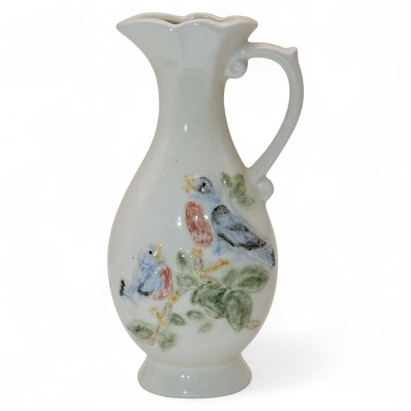 Vintage Ceramic Pitcher With Hand-Painted Birds & Floral Design By Kathy 1988 - Picture 1 of 5